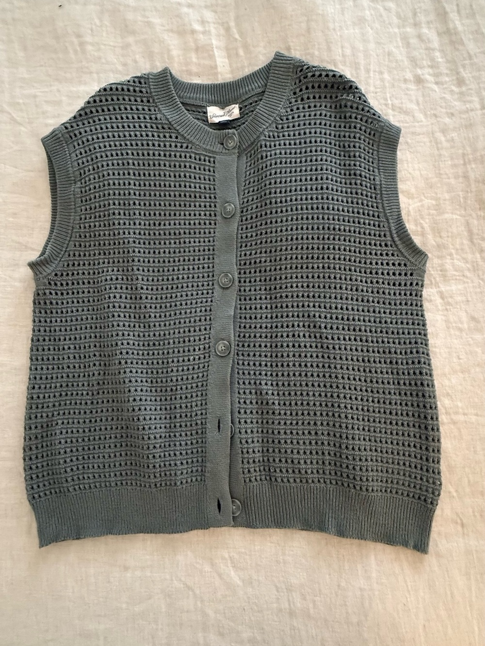 Button-Front Open Knit Sleeveless Vest in Dusty Sage